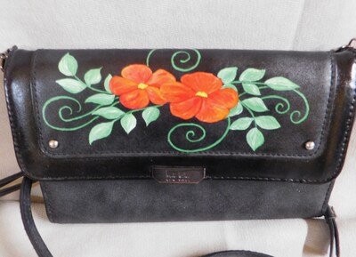 Hand painted crossbody handbag, OOAK Orange flowers painted shoulder bag - image5